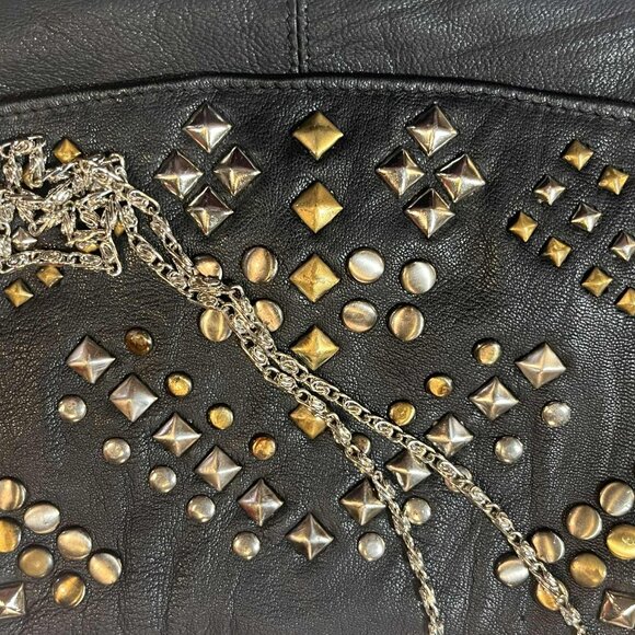 ✨ Vintage OSOS Leather Studded Clutch – Long Chain, Black, 1980s Punk Glam - Picture 9 of 13